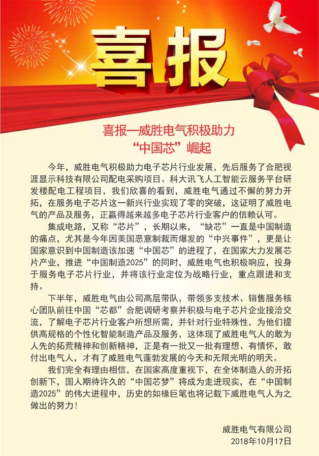 喜報(bào)—威勝電氣積極助力“中國芯”崛起